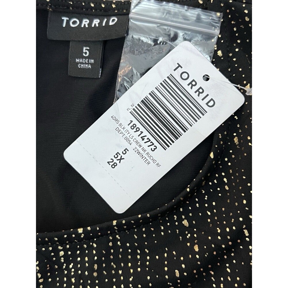TORRID 5X(28) Black Gold Fit & Flare Mini Studio Knit Ruched Dress Crew Neck - Picture 14 of 16